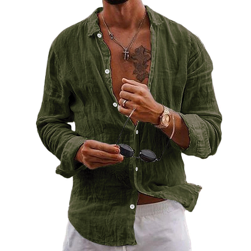 Chemise Décontractée En Coton Lin Uni À Col Pour Hommes