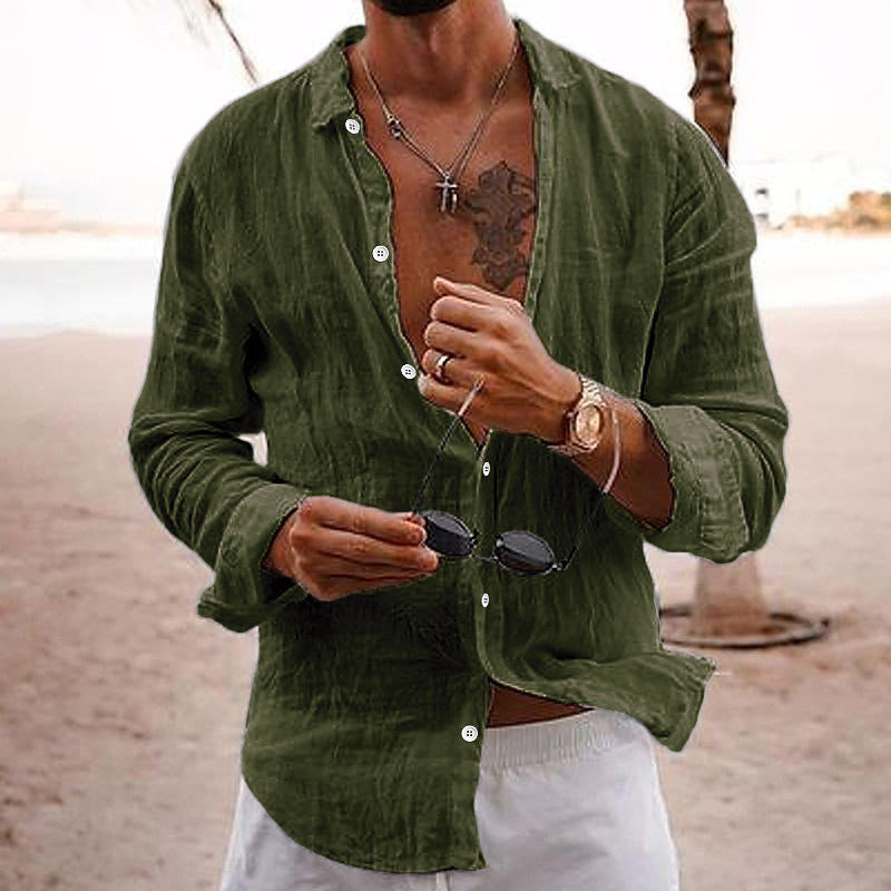 Chemise Décontractée En Coton Lin Uni À Col Pour Hommes