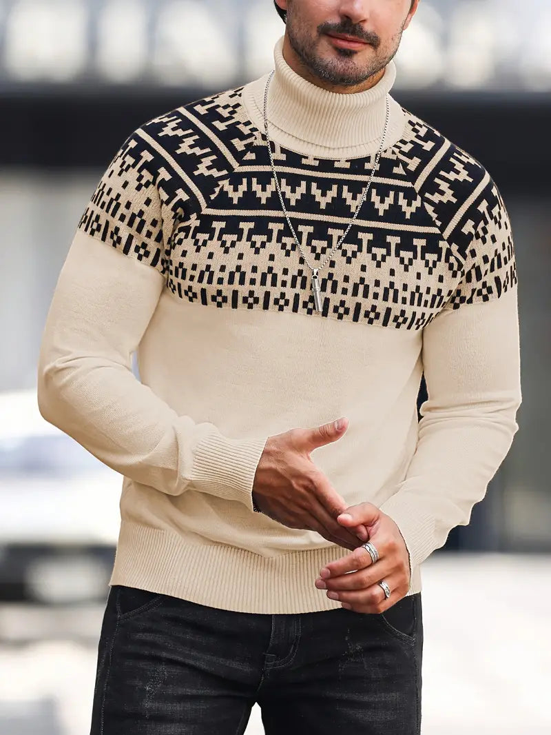 Pull à Col Roulé Tricoté avec Imprimé Graphique Géométrique pour Homme