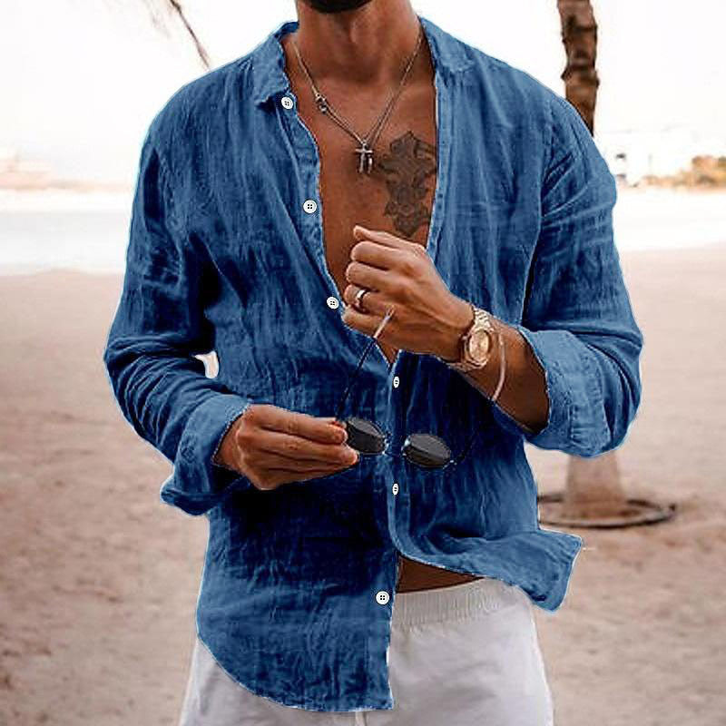 Chemise Décontractée En Coton Lin Uni À Col Pour Hommes