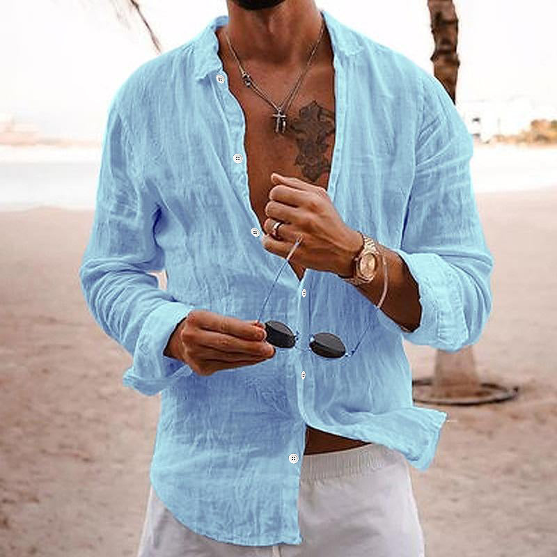 Chemise Décontractée En Coton Lin Uni À Col Pour Hommes