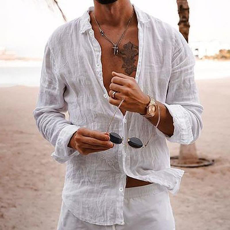 Chemise Décontractée En Coton Lin Uni À Col Pour Hommes