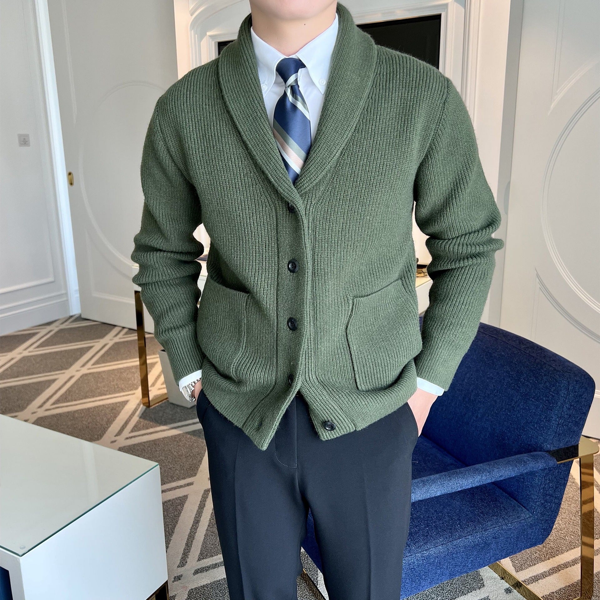 Théo | Cardigan homme col châle en maille côtelée