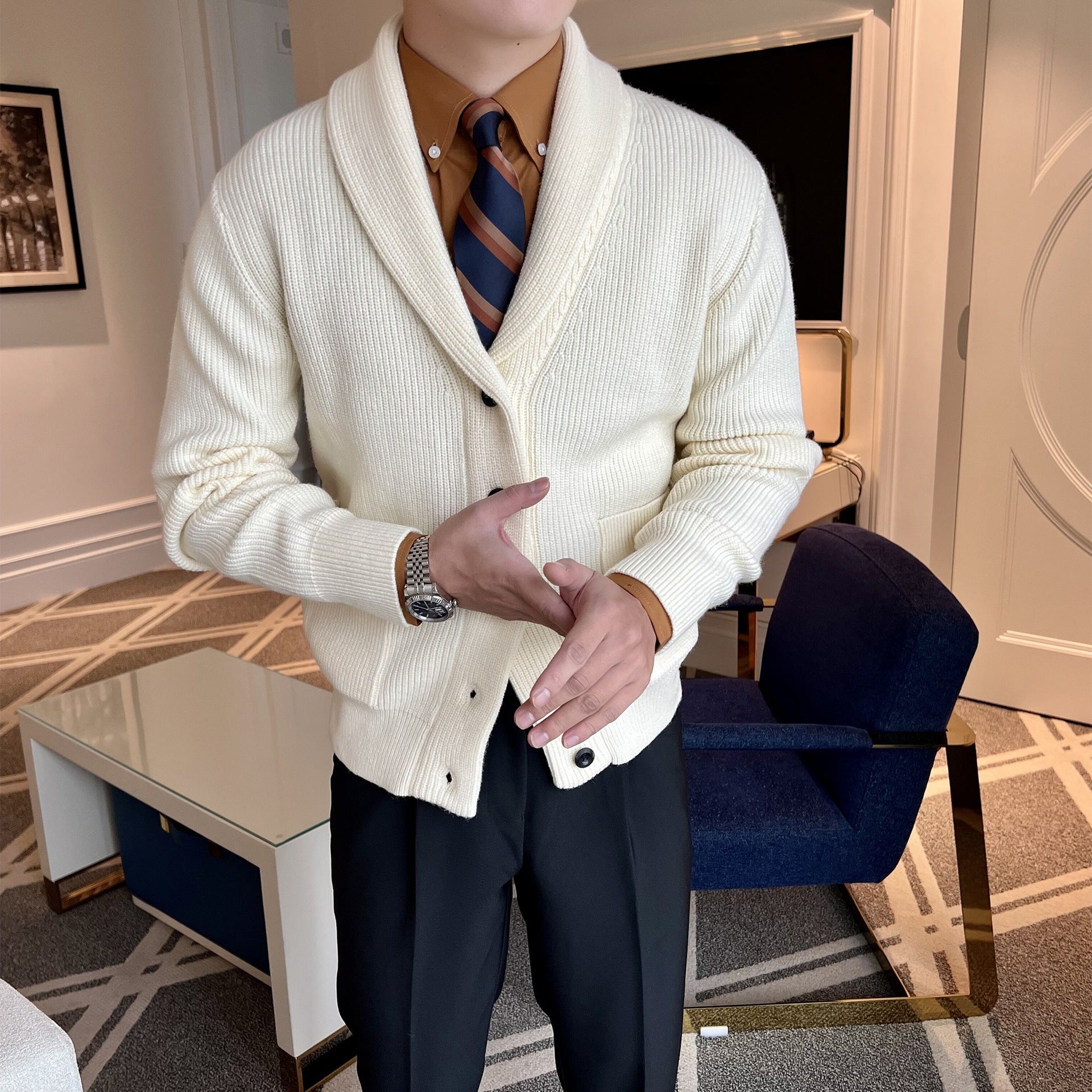 Théo | Cardigan homme col châle en maille côtelée