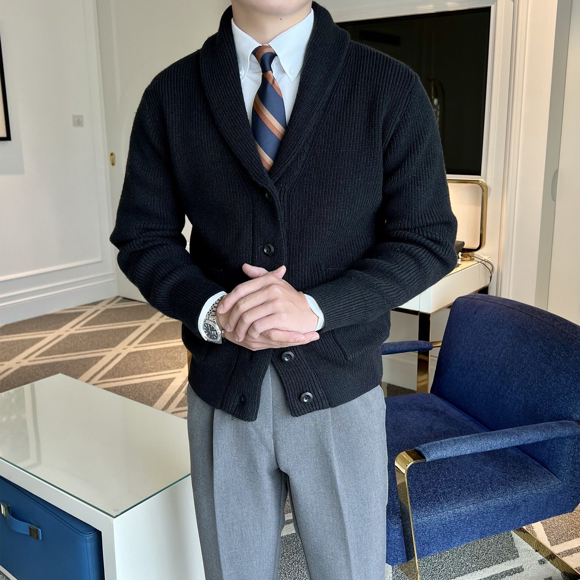 Théo | Cardigan homme col châle en maille côtelée