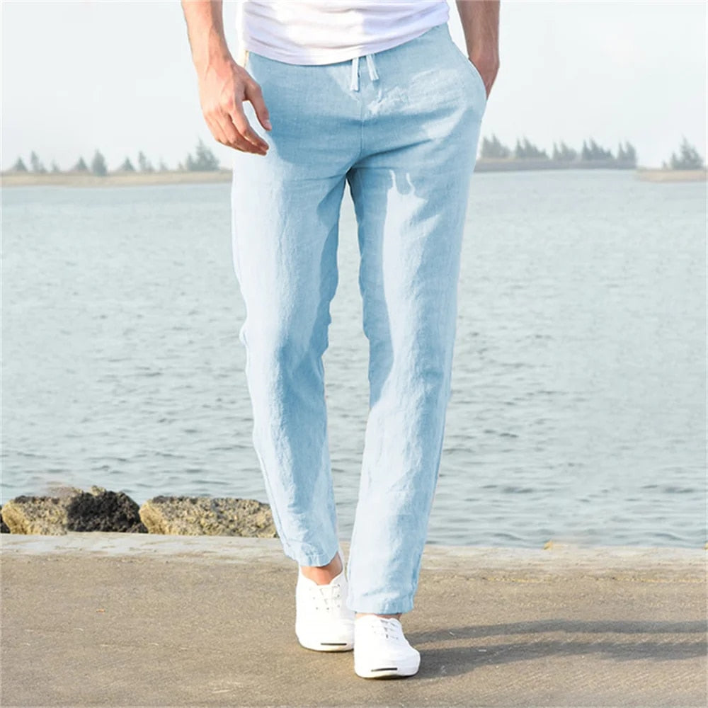 Pantalons d'Été Décontractés en Lin à Taille Haute pour Hommes