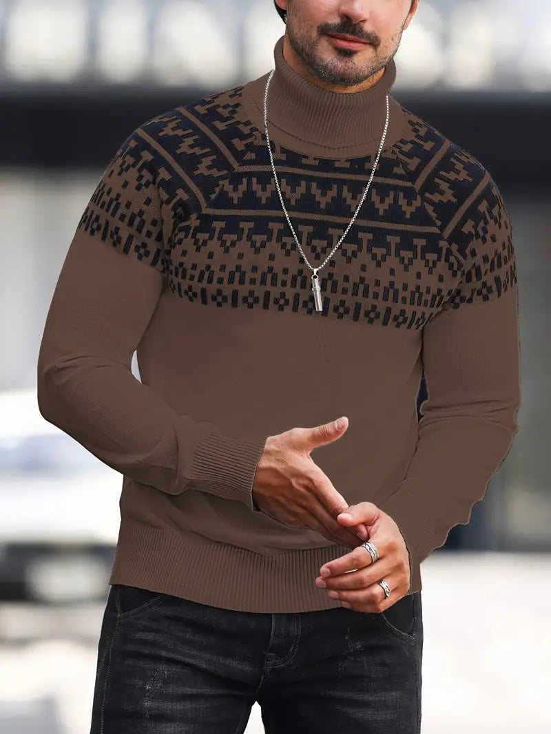 Pull à Col Roulé Tricoté avec Imprimé Graphique Géométrique pour Homme