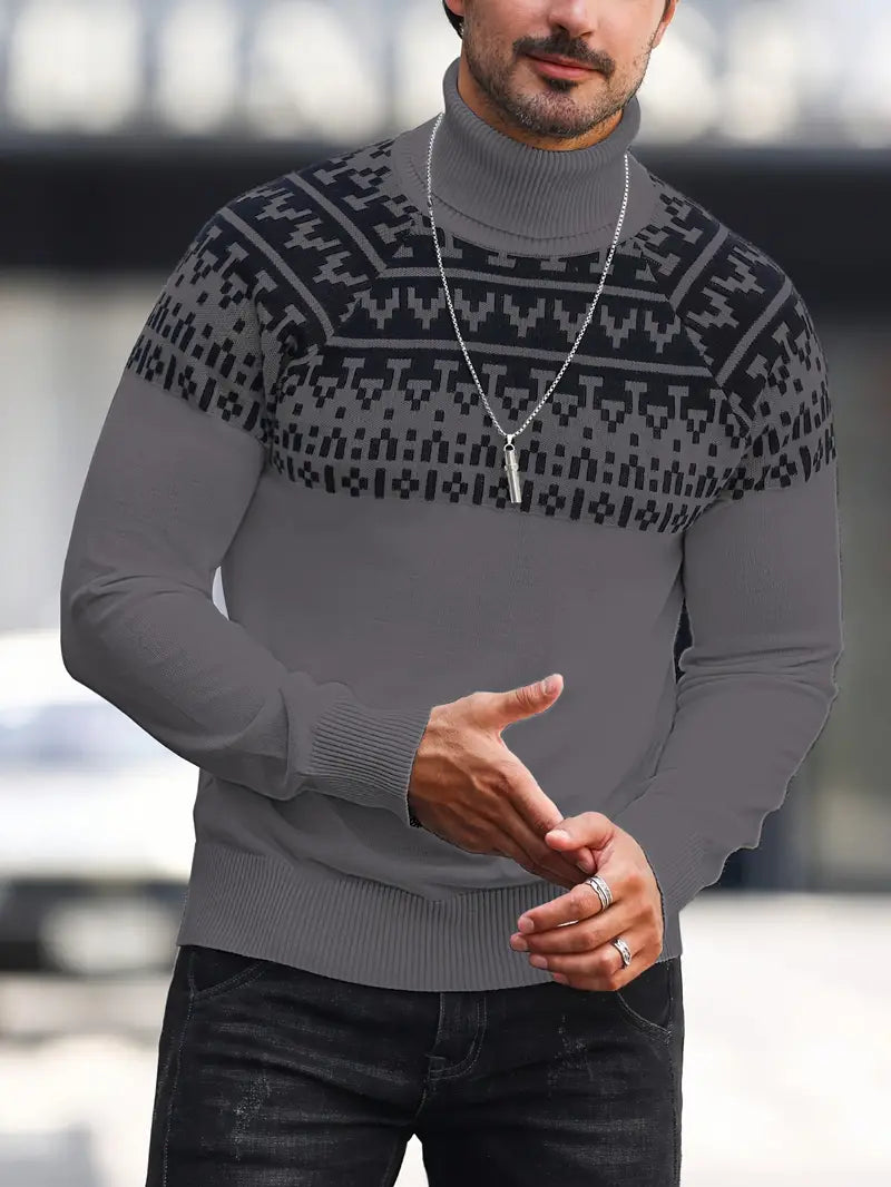 Pull à Col Roulé Tricoté avec Imprimé Graphique Géométrique pour Homme