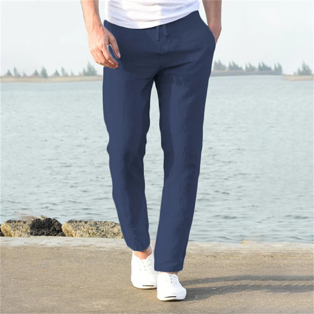Pantalons d'Été Décontractés en Lin à Taille Haute pour Hommes
