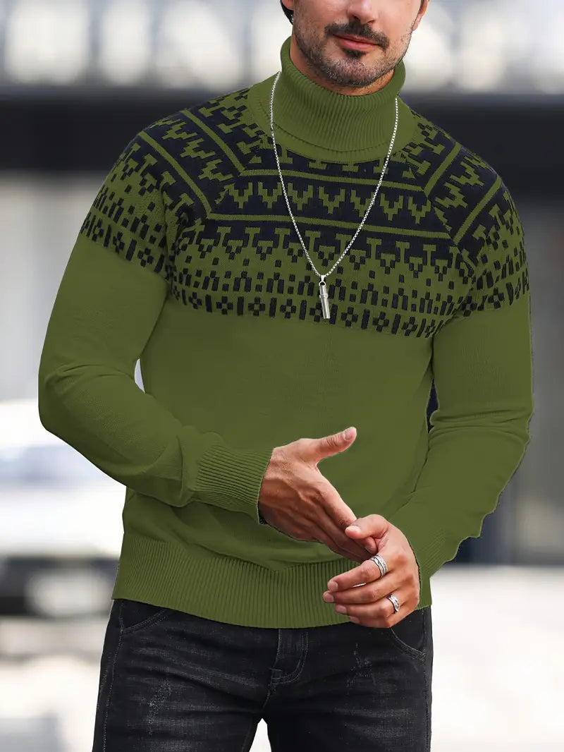 Pull à Col Roulé Tricoté avec Imprimé Graphique Géométrique pour Homme