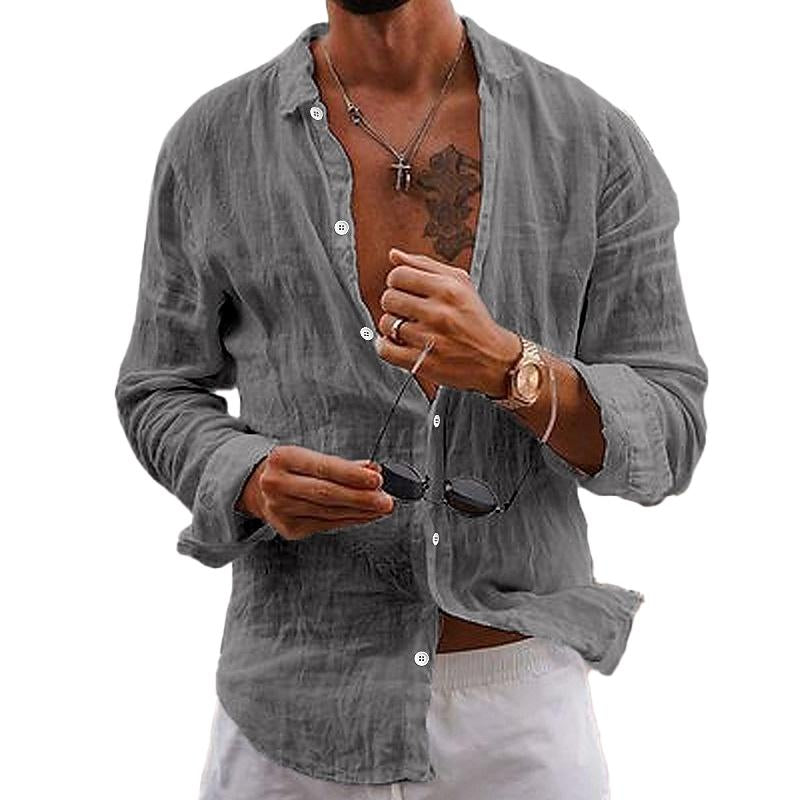 Chemise Décontractée En Coton Lin Uni À Col Pour Hommes