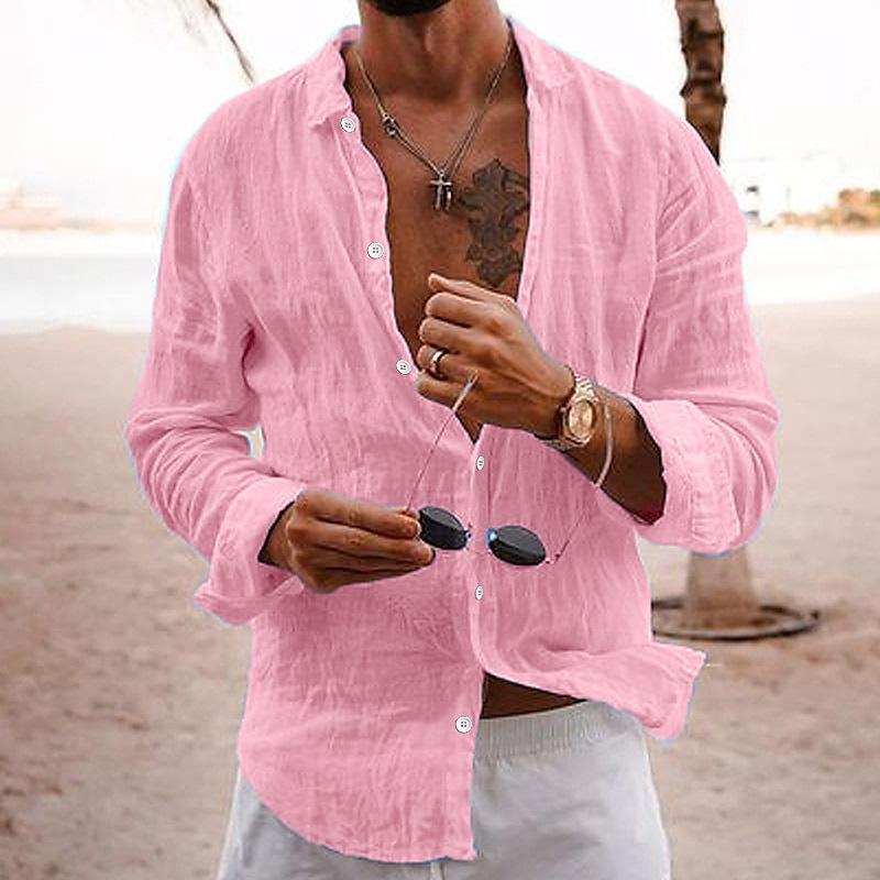 Chemise Décontractée En Coton Lin Uni À Col Pour Hommes