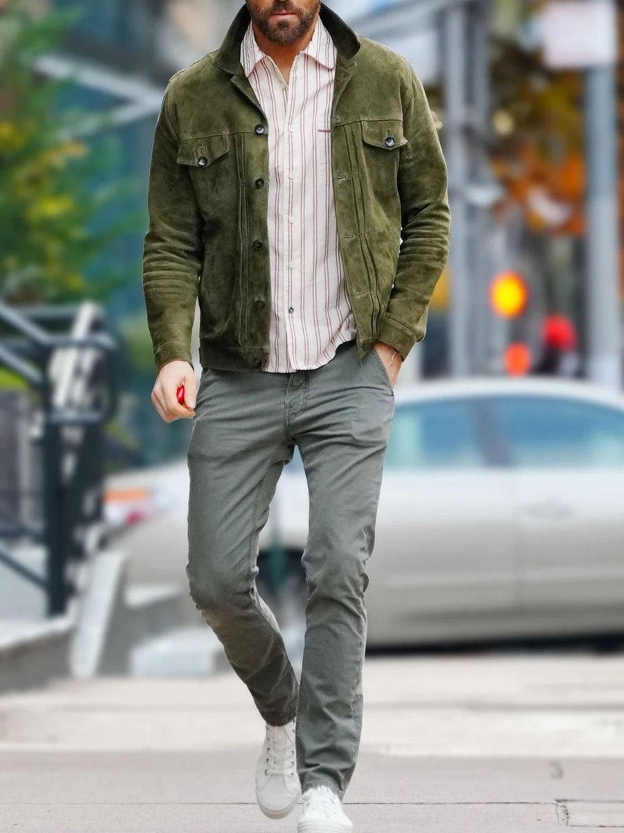 Veste en Suède Décontractée Vintage à Poches Multiples