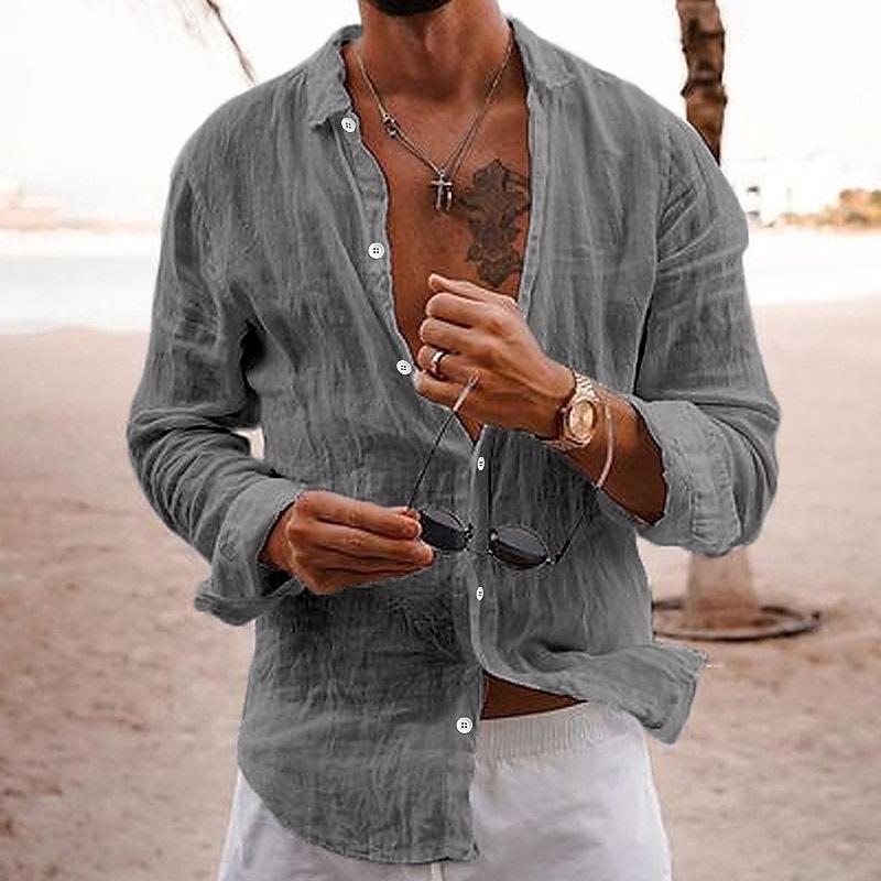 Chemise Décontractée En Coton Lin Uni À Col Pour Hommes