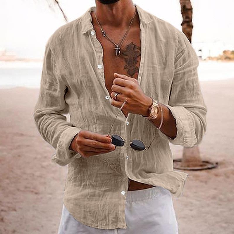 Chemise Décontractée En Coton Lin Uni À Col Pour Hommes