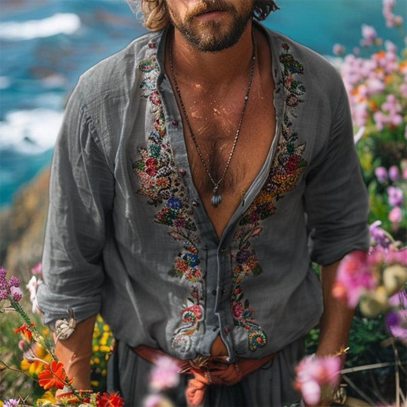 Chemise Décontractée À Manches Longues Brodée Vintage Pour Hommes