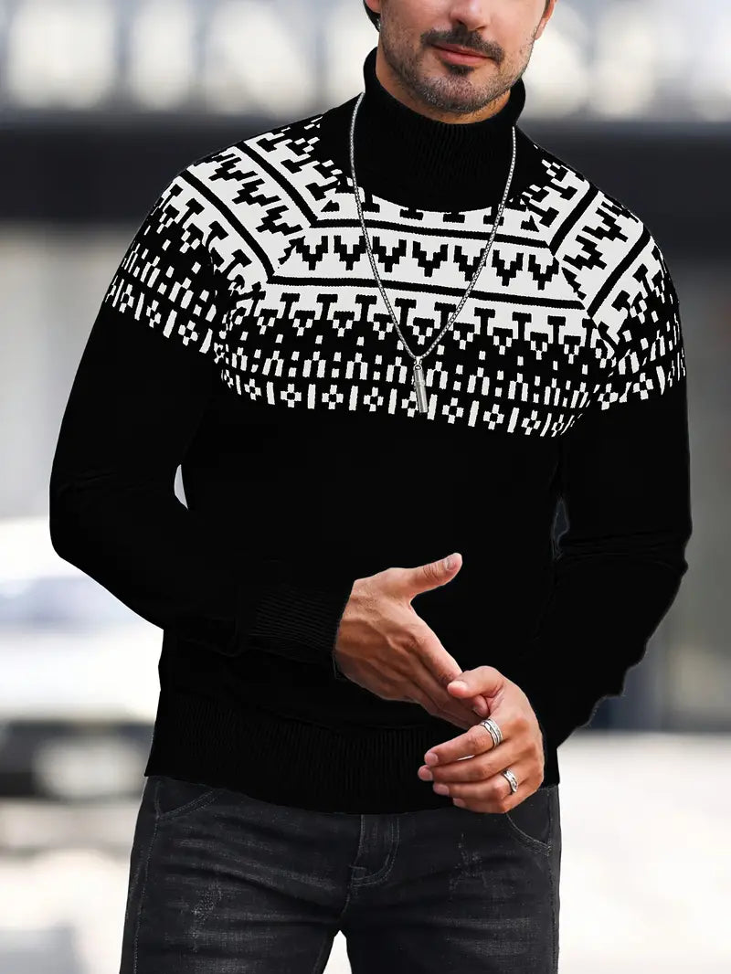Pull à Col Roulé Tricoté avec Imprimé Graphique Géométrique pour Homme