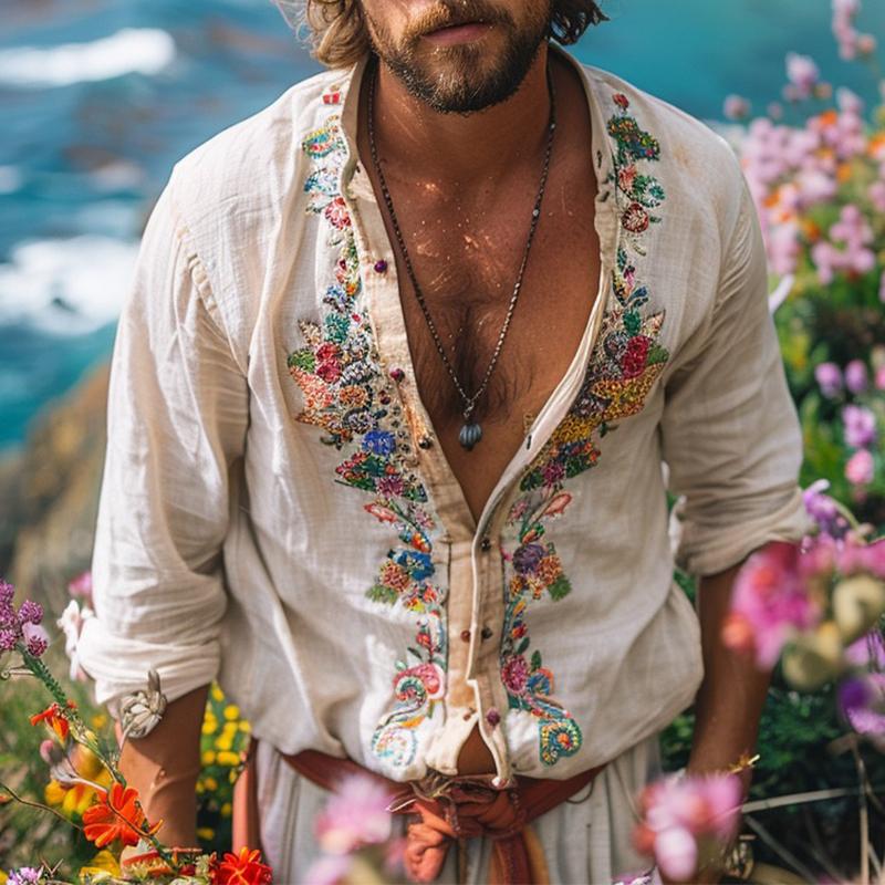 Chemise Décontractée À Manches Longues Brodée Vintage Pour Hommes